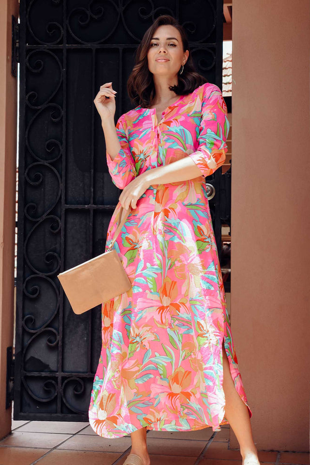 Apia Pink Hawaiian Cotton Maxi Dress