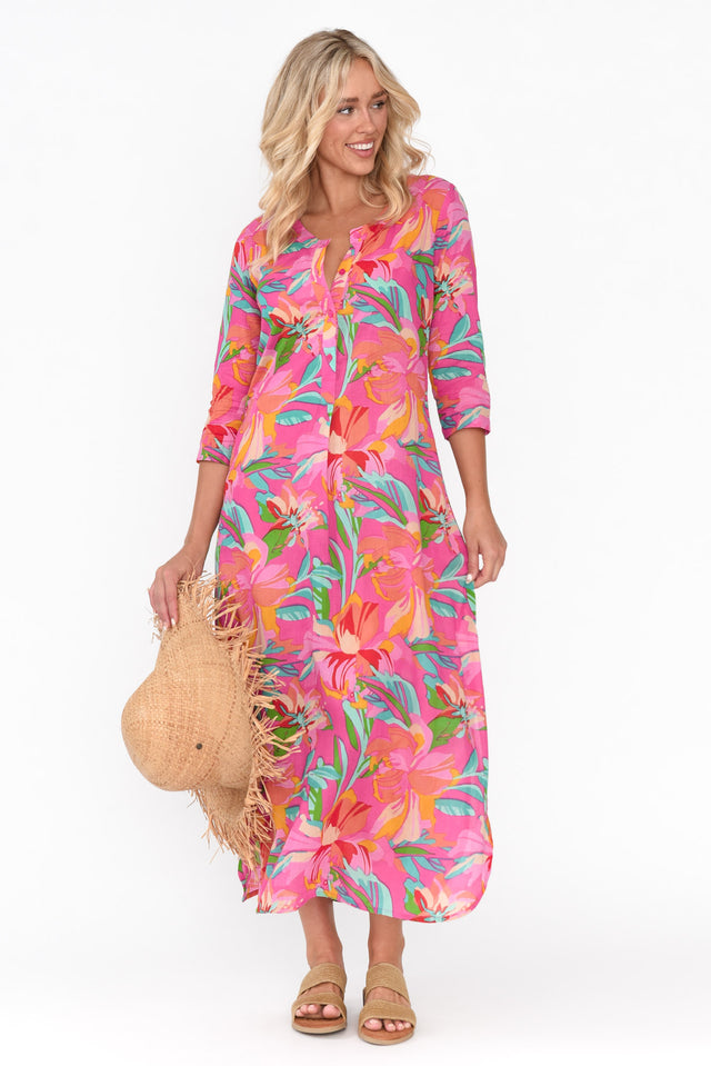 Apia Pink Hawaiian Cotton Maxi Dress