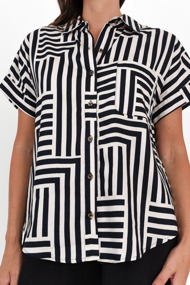 Bauhaus Navy Stripe Linen Blend Collared Top