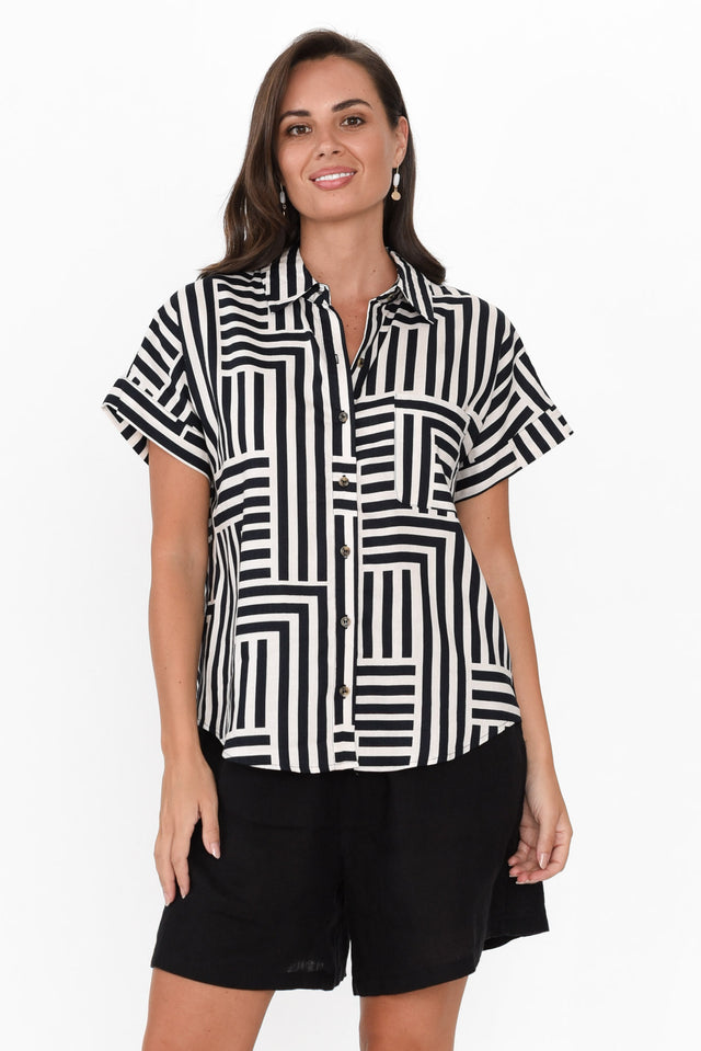 Bauhaus Navy Stripe Linen Blend Collared Top neckline_V Neck 