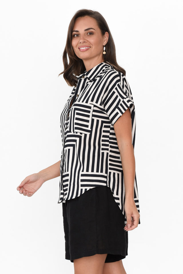 Bauhaus Navy Stripe Linen Blend Collared Top