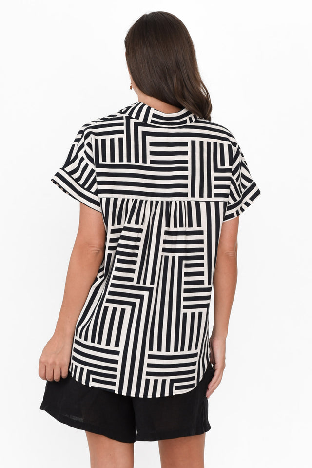 Bauhaus Navy Stripe Linen Blend Collared Top