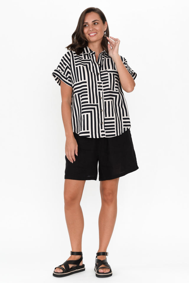 Bauhaus Navy Stripe Linen Blend Collared Top