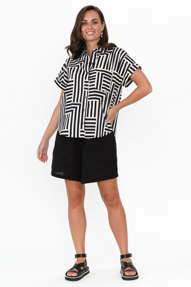 Bauhaus Navy Stripe Linen Blend Collared Top