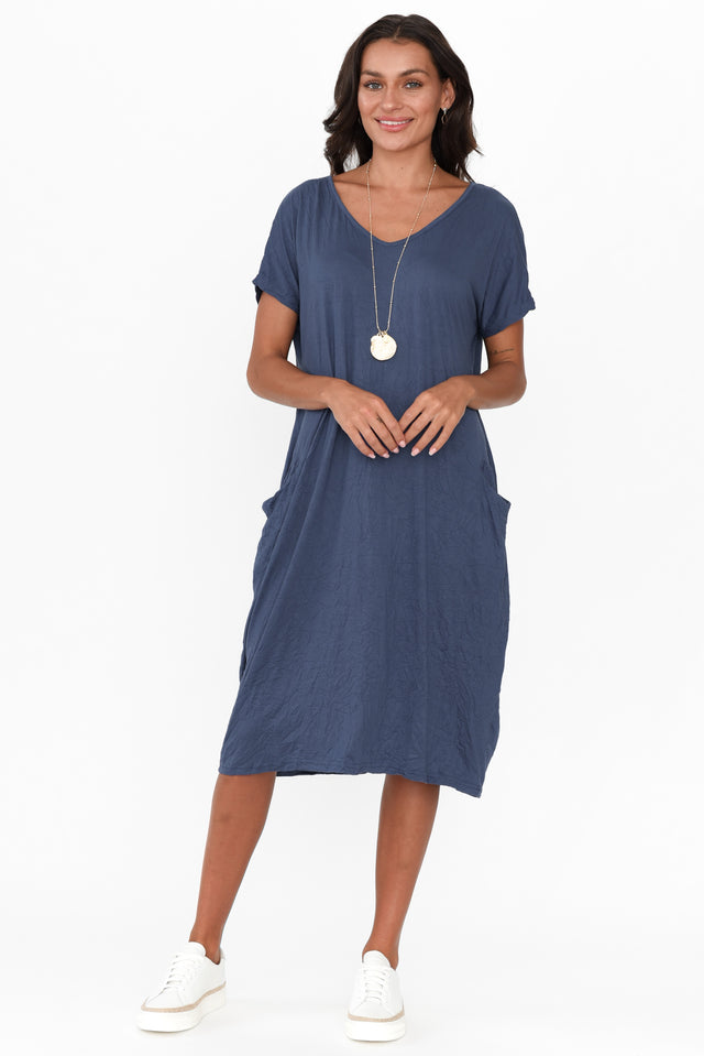 Blue Pocket Crinkle Cotton Midi Dress