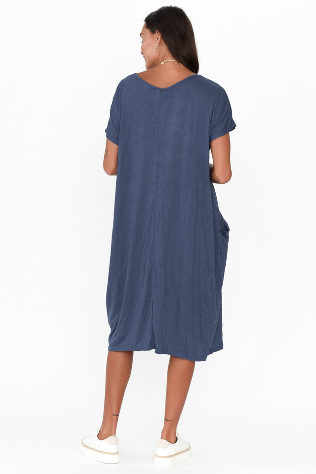 Blue Pocket Crinkle Cotton Midi Dress