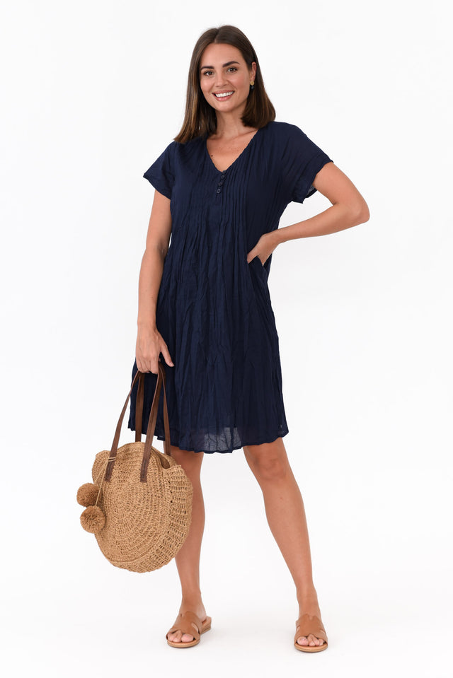 Bobbie Navy Crinkle Cotton Dress