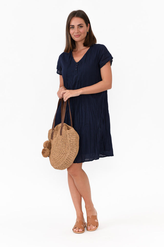 Bobbie Navy Crinkle Cotton Dress