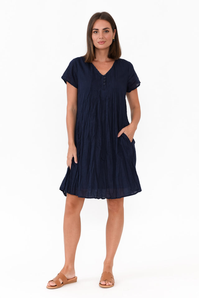 Bobbie Navy Crinkle Cotton Dress