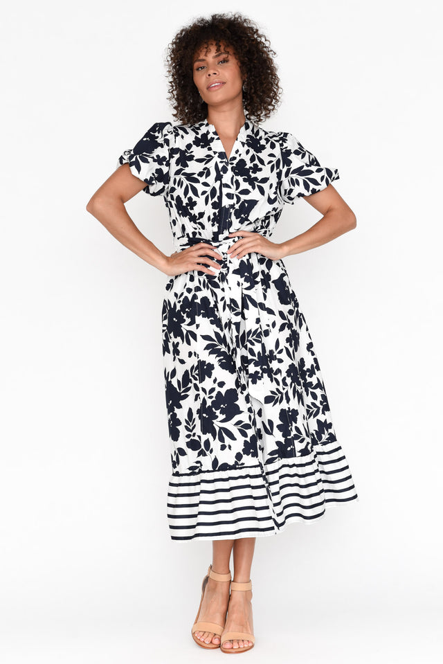 Carney Navy Floral Cotton Tiered Dress