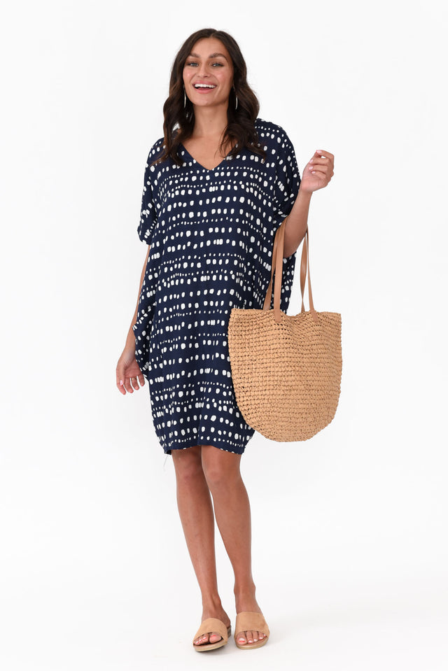 Gaby Navy Abstract Spot Drape Tee Dress  