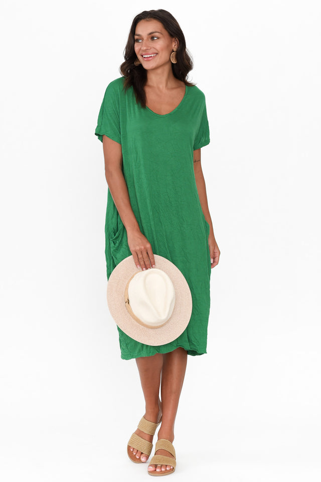 Green Pocket Crinkle Cotton Midi Dress