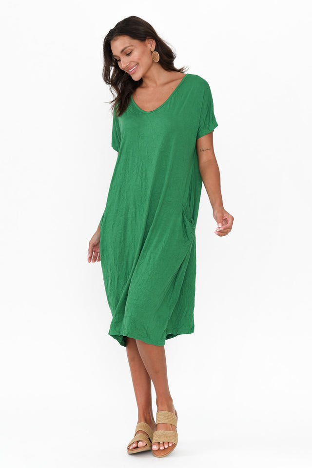 Green Pocket Crinkle Cotton Midi Dress