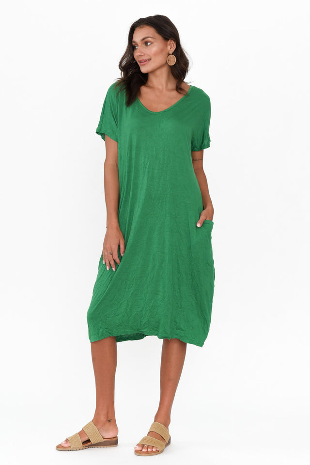 Green Pocket Crinkle Cotton Midi Dress