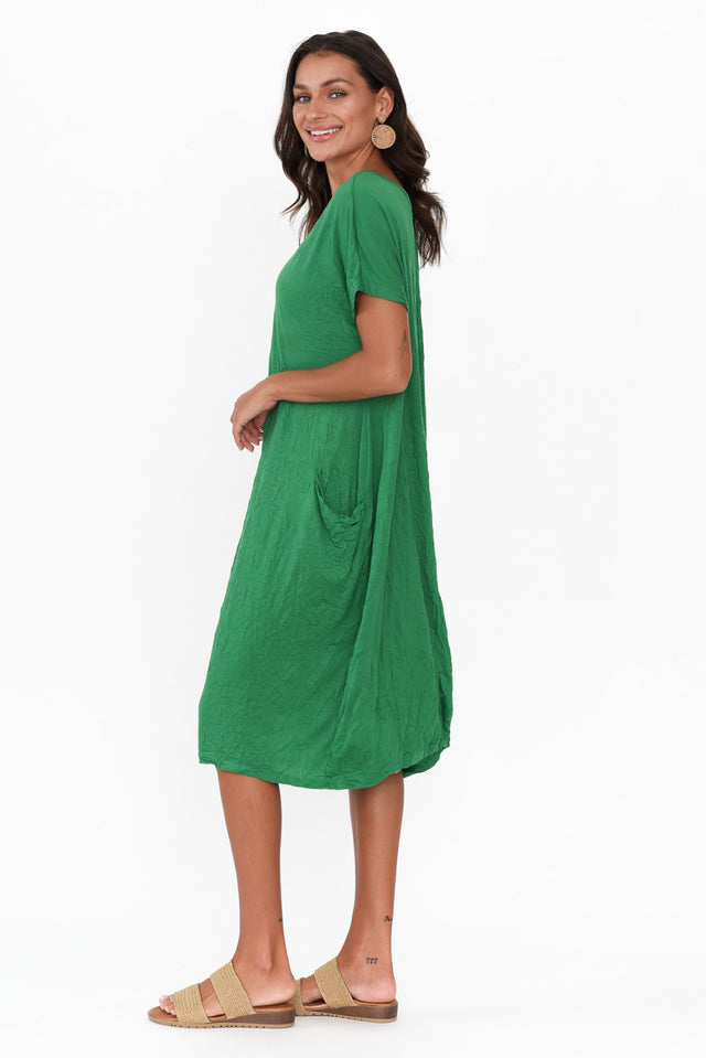 Green Pocket Crinkle Cotton Midi Dress