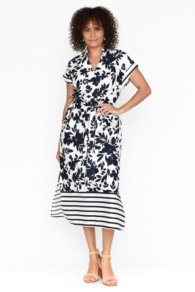 Herbert Navy Floral Cotton V Neck Dress