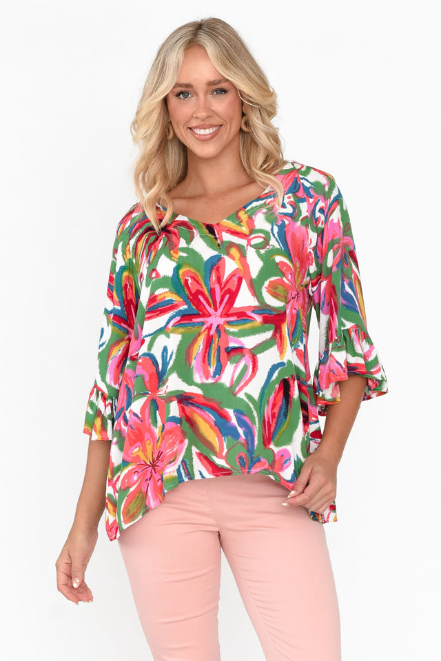 Juli Green Flower Frill Sleeve Top