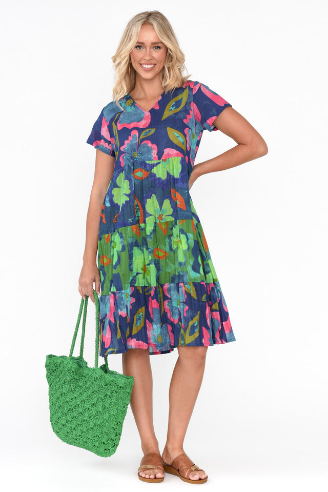 Lania Navy Flower Crinkle Cotton Dress