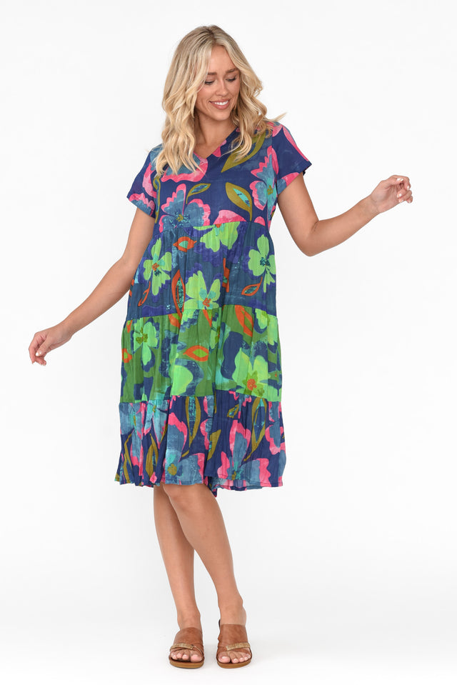 Lania Navy Flower Crinkle Cotton Dress