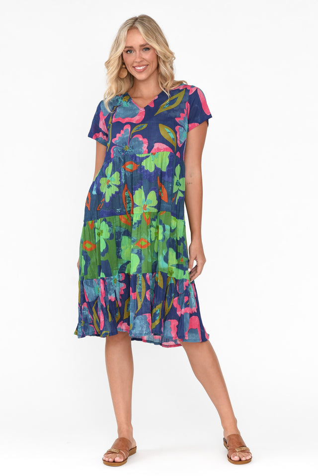 Lania Navy Flower Crinkle Cotton Dress