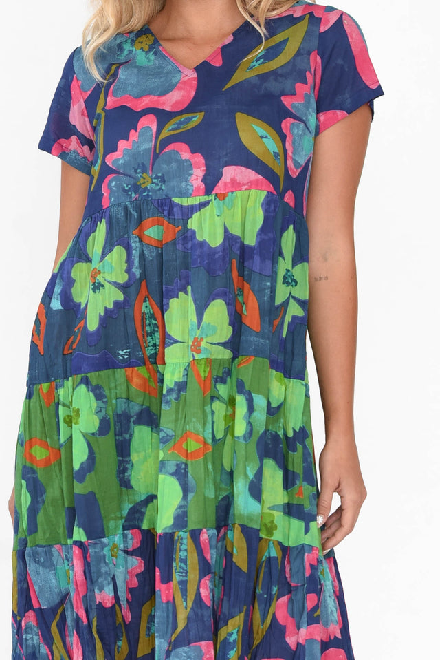 Lania Navy Flower Crinkle Cotton Dress