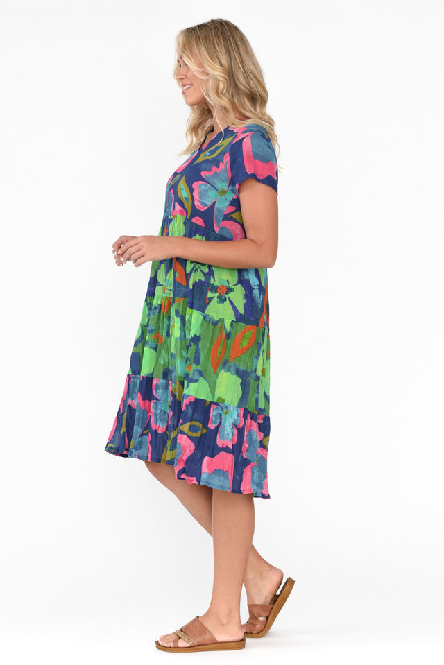 Lania Navy Flower Crinkle Cotton Dress