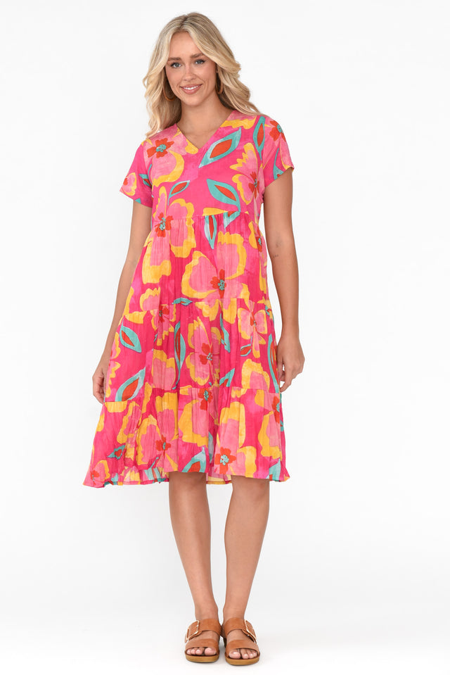 Lania Pink Flower Crinkle Cotton Dress