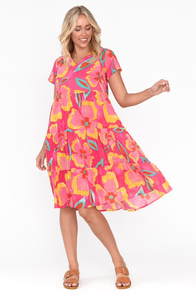 Lania Pink Flower Crinkle Cotton Dress