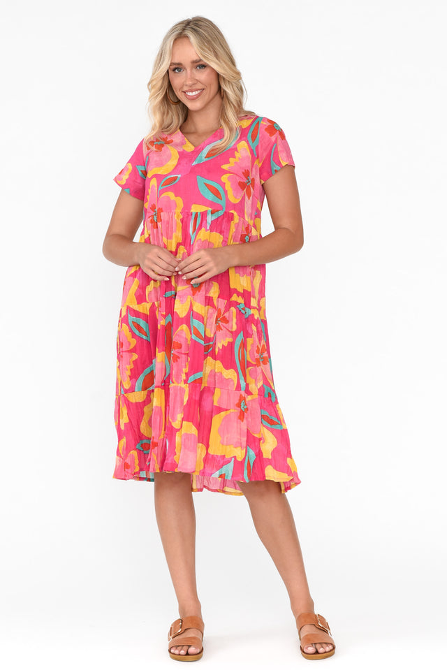 Lania Pink Flower Crinkle Cotton Dress