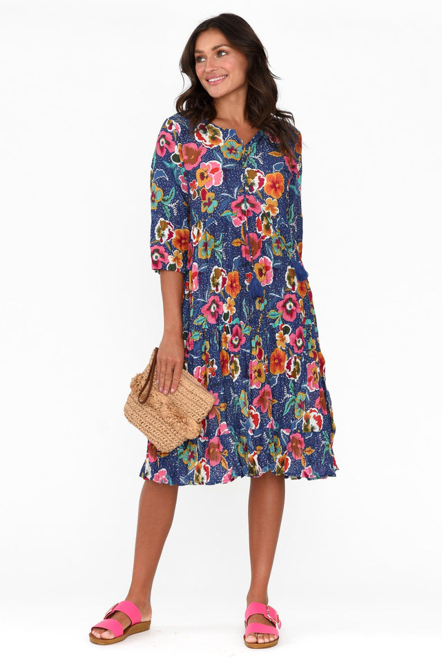 Layla Navy Blossom Crinkle Cotton Dress