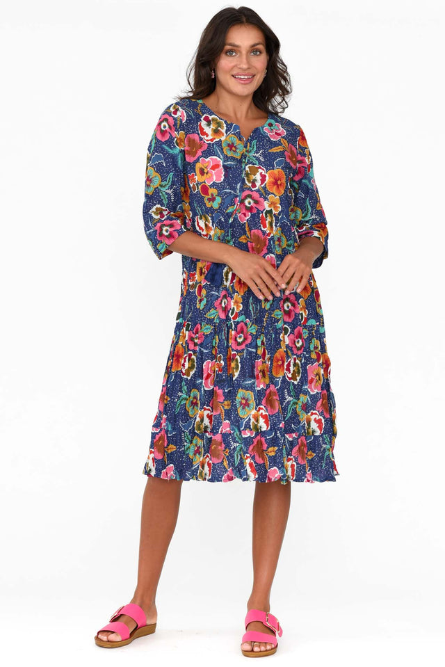 Layla Navy Blossom Crinkle Cotton Dress