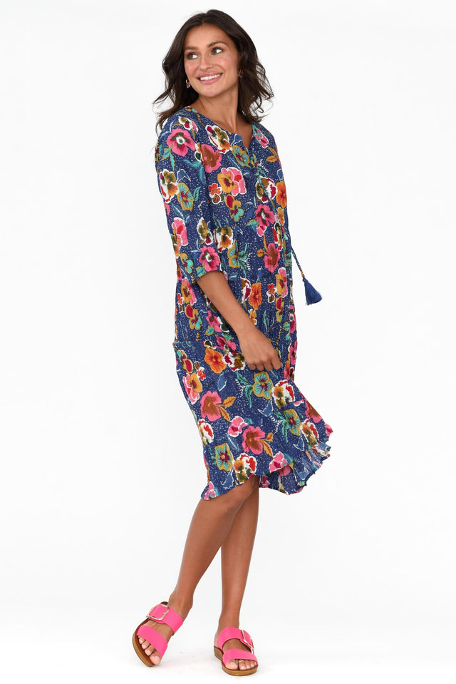 Layla Navy Blossom Crinkle Cotton Dress