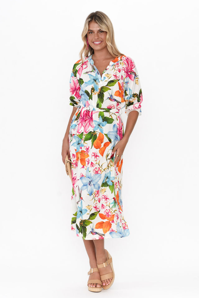 Magdelan White Floral Linen Blend Dress