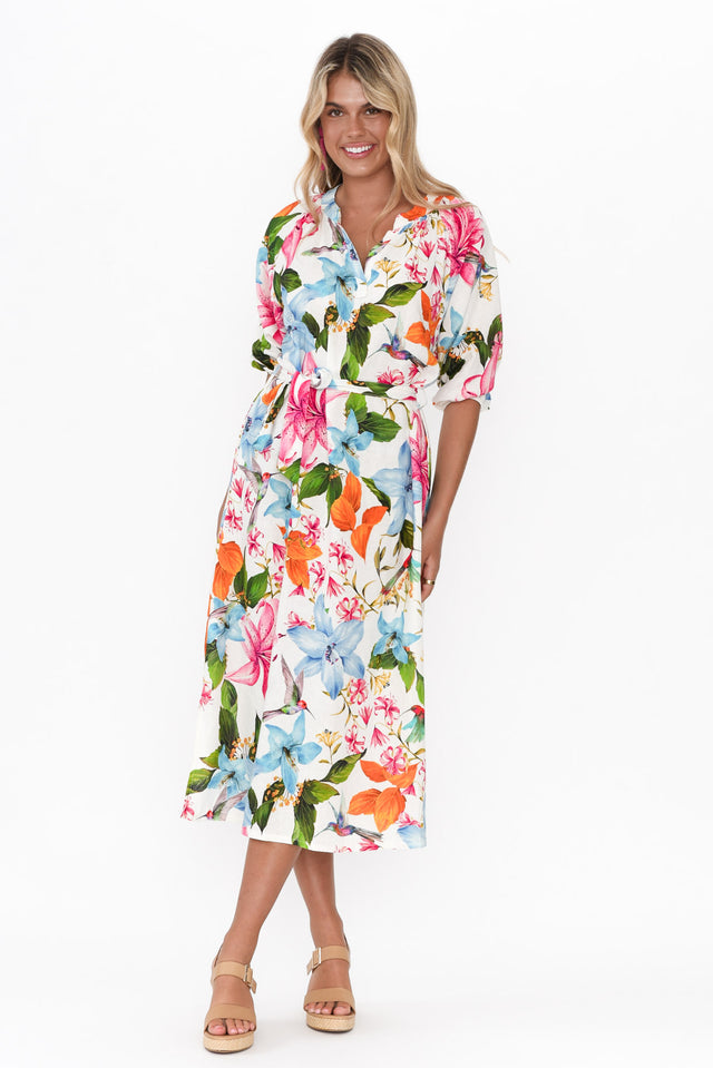 Magdelan White Floral Linen Blend Dress