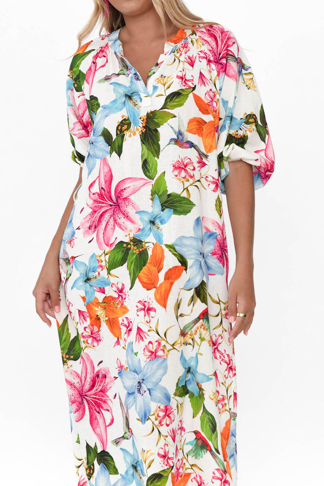 Magdelan White Floral Linen Blend Dress