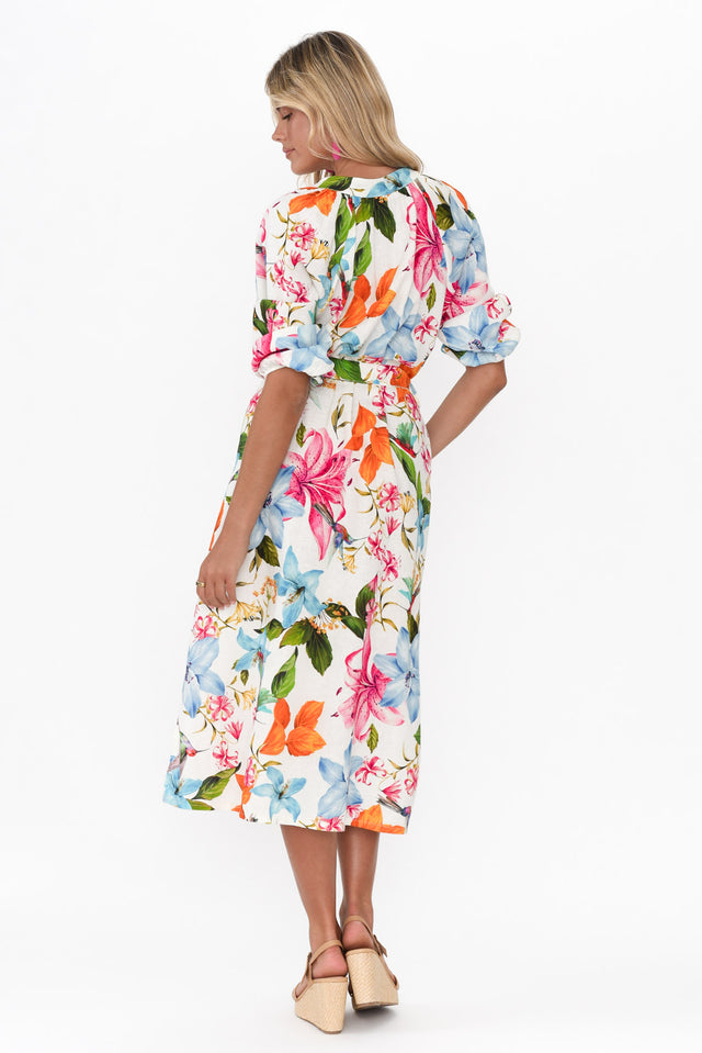 Magdelan White Floral Linen Blend Dress