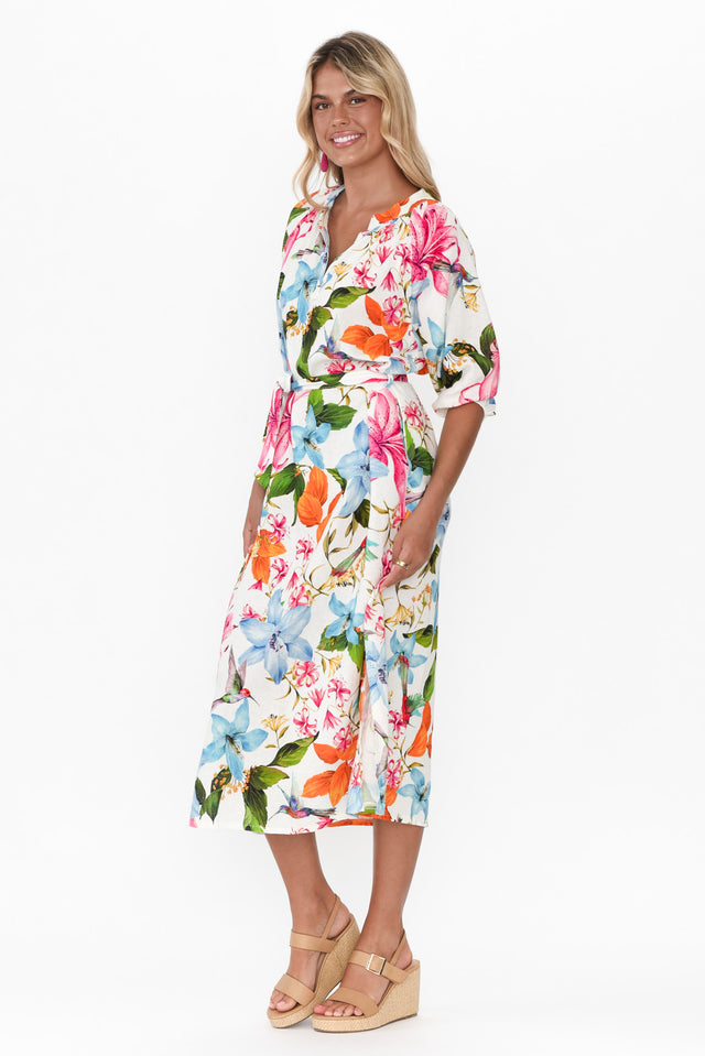 Magdelan White Floral Linen Blend Dress