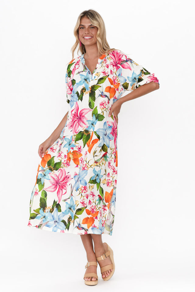 Magdelan White Floral Linen Blend Dress