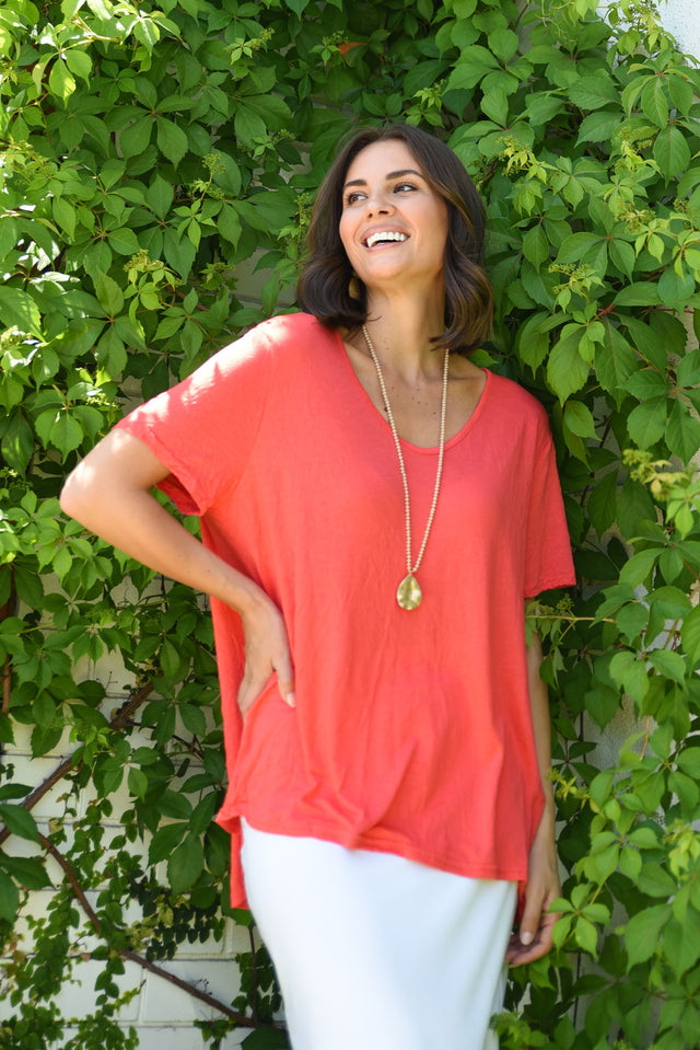 Marley Coral Crinkle Cotton Short Sleeve Top