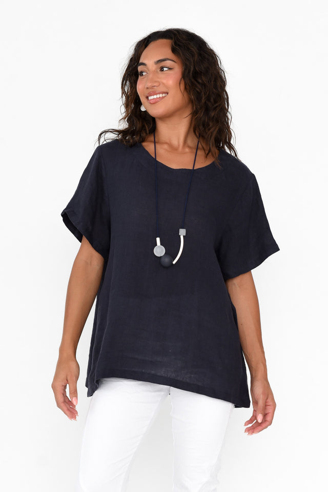 Micah Navy Linen Scoop Neck Top neckline_Round 