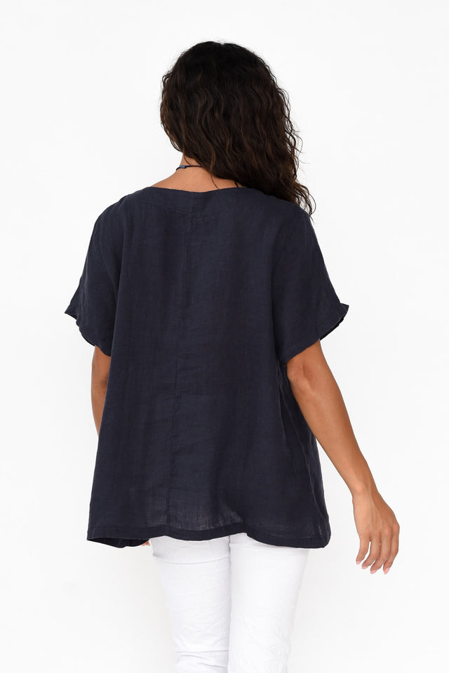 Micah Navy Linen Scoop Neck Top