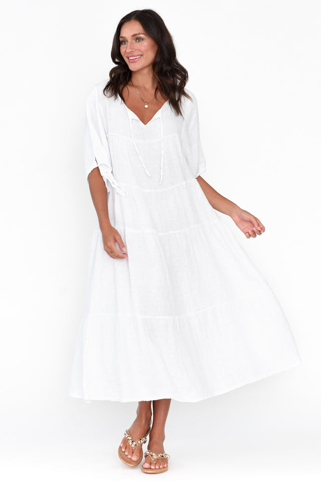 Prairie White Gathered Linen Dress