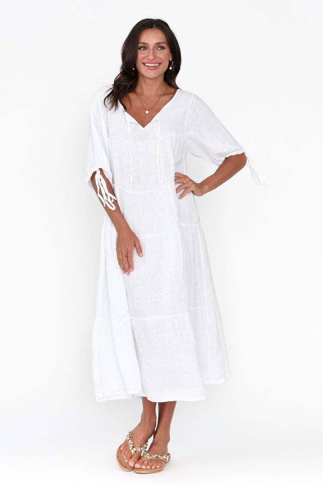 Prairie White Gathered Linen Dress