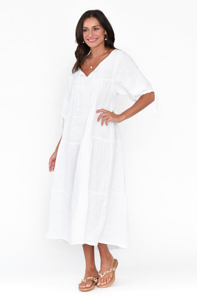 Prairie White Gathered Linen Dress