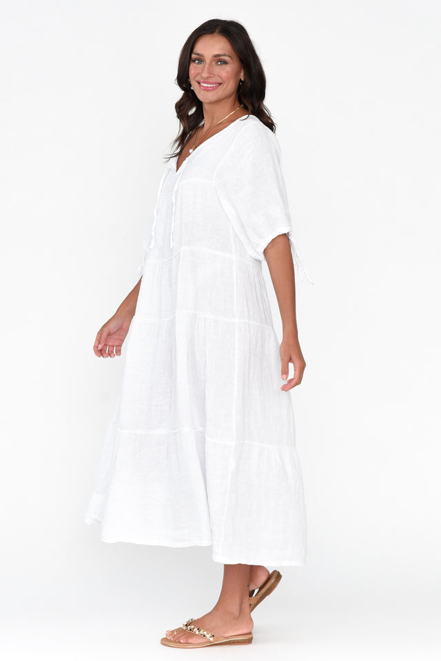 Prairie White Gathered Linen Dress