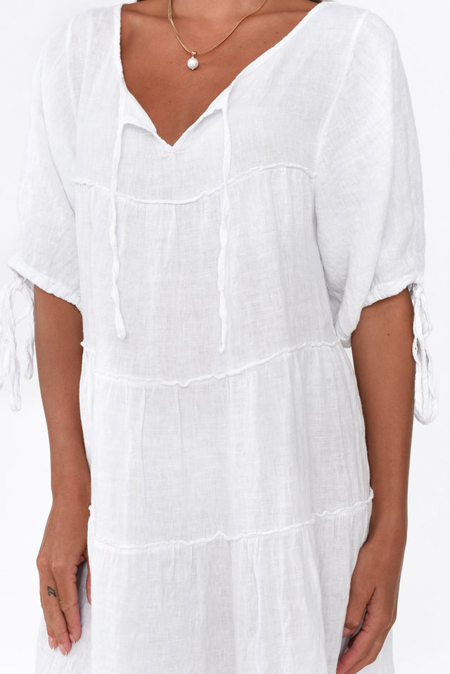 Prairie White Gathered Linen Dress