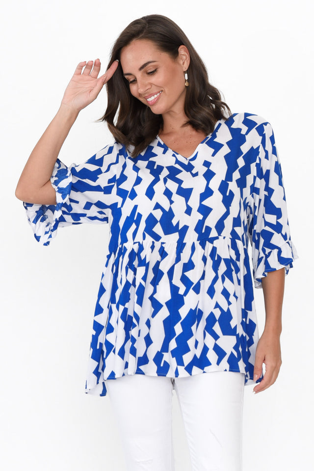 Renee Cobalt Geo Frill Top neckline_V Neck 