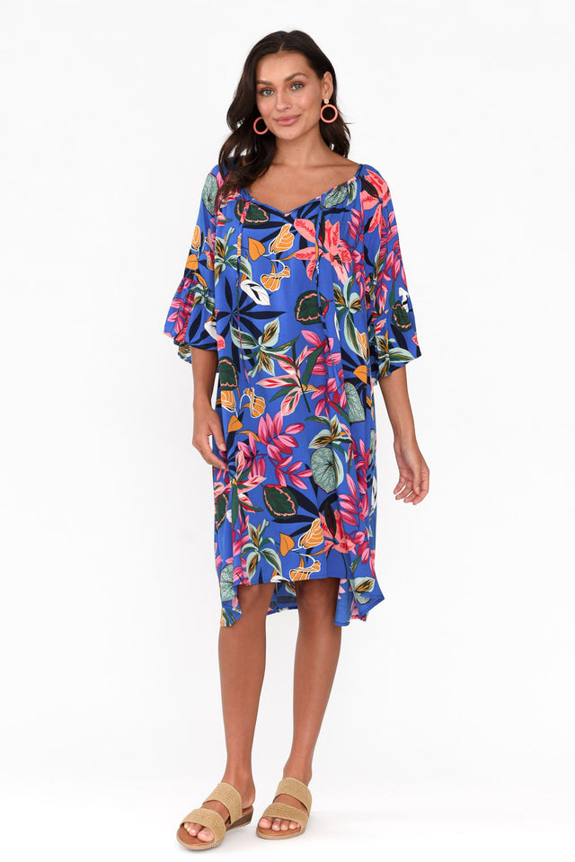 Sophia Blue Tropical Bell Sleeve Dress