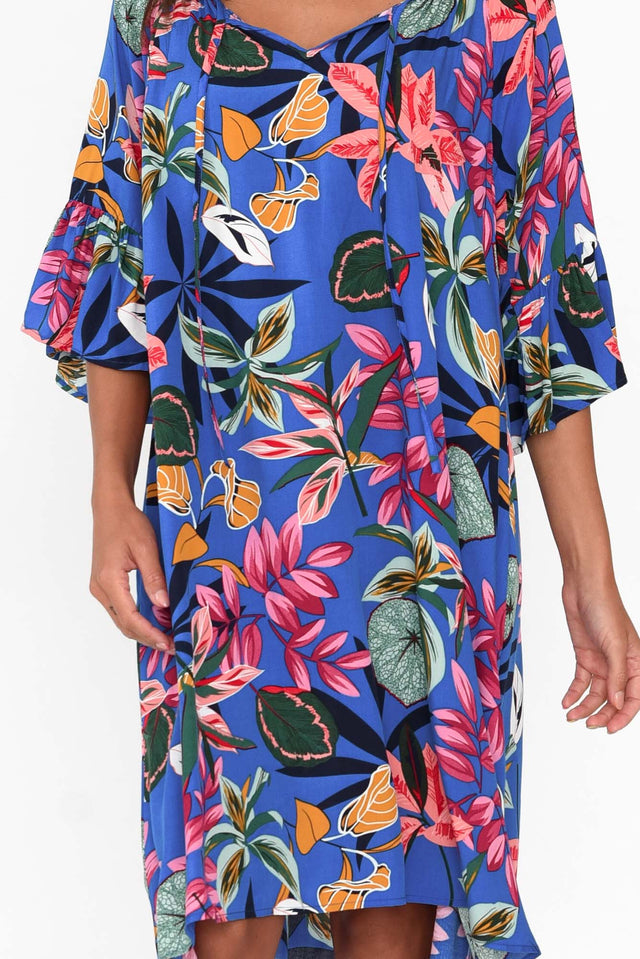 Sophia Blue Tropical Bell Sleeve Dress