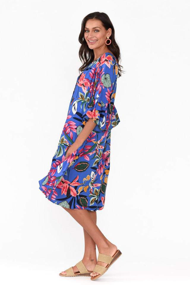 Sophia Blue Tropical Bell Sleeve Dress